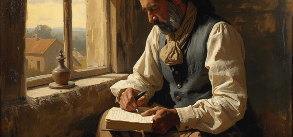 Man writing in diary next to window overlooking farm