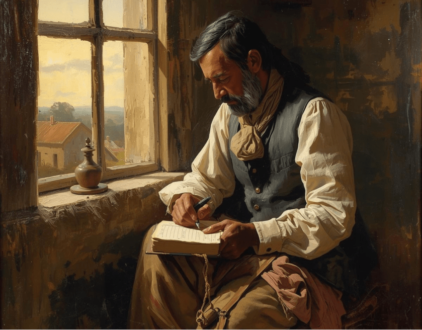 Man writing in diary next to window overlooking farm